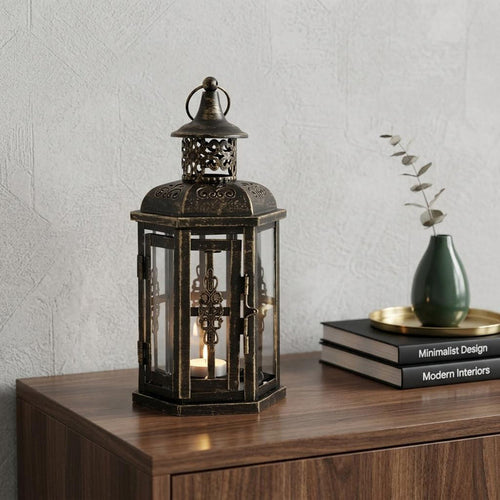 10" Black Distressed Metal And Glass Filigree Tabletop Lantern Candle Holder