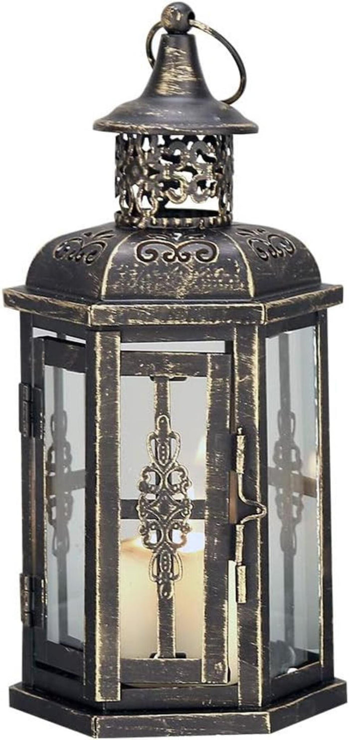 10" Black Distressed Metal And Glass Filigree Tabletop Lantern Candle Holder