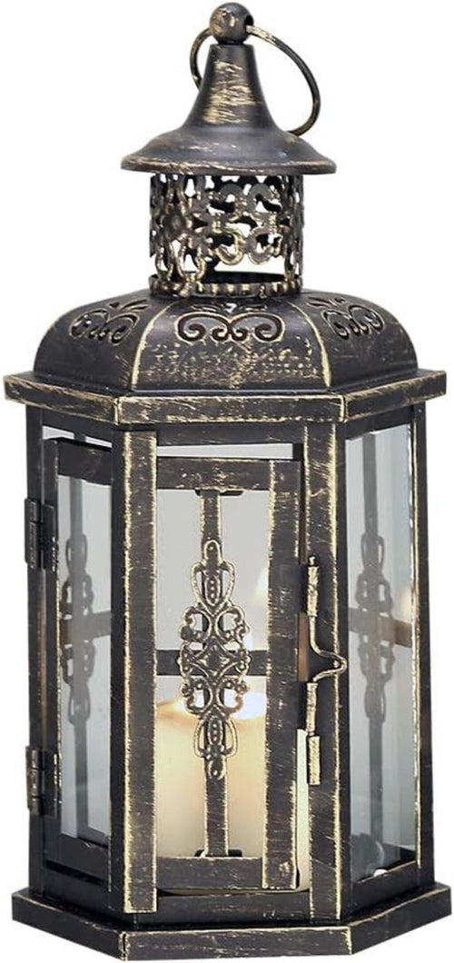 10" Black Distressed Metal And Glass Filigree Tabletop Lantern Candle Holder