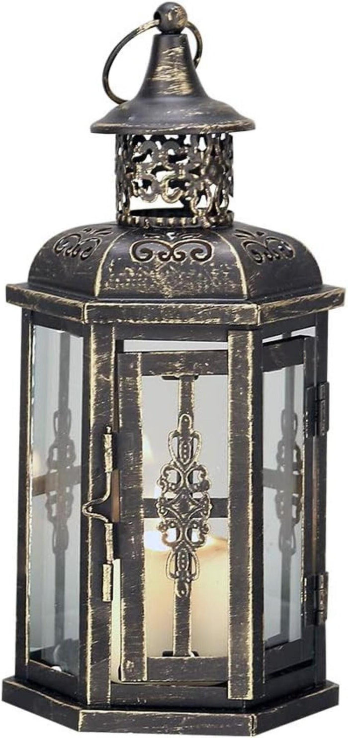 10" Black Distressed Metal And Glass Filigree Tabletop Lantern Candle Holder
