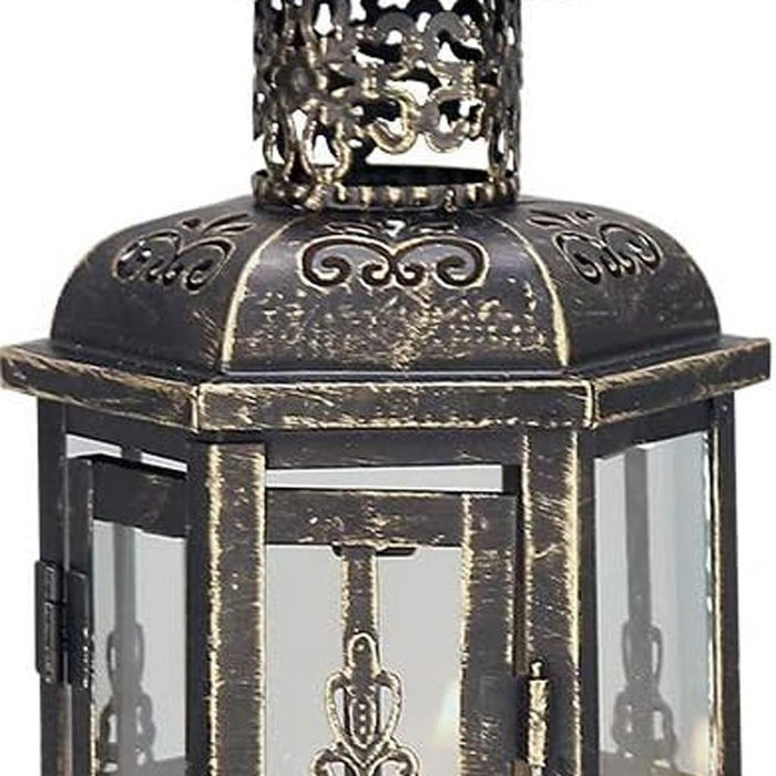 10" Black Distressed Metal And Glass Filigree Tabletop Lantern Candle Holder