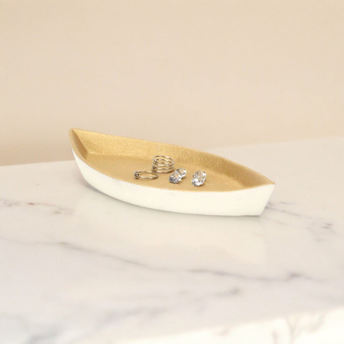 10" Gold And Off White Cast Iron Oval Boat Shaped Tray