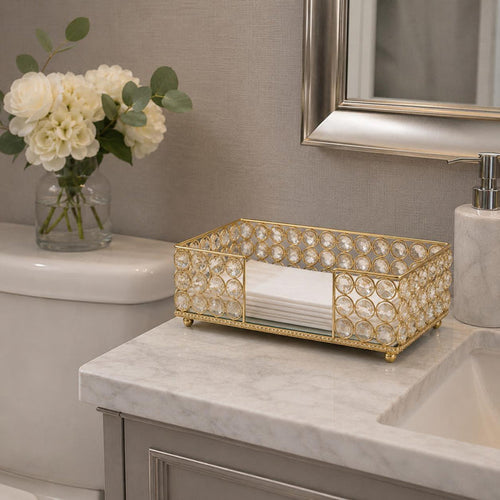 10" Gold Iron And Crystal Rectangular Napkin Holder