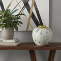 10" Ivory Gray And Gold Abstract Distressed Ceramic Round Table Vase