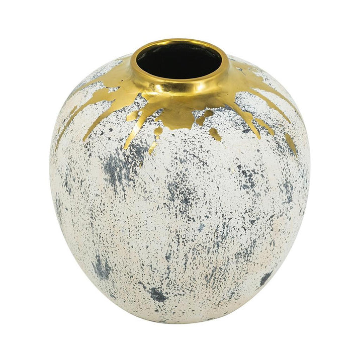 10" Ivory Gray And Gold Abstract Distressed Ceramic Round Table Vase