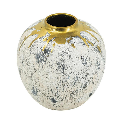 10" Ivory Gray And Gold Abstract Distressed Ceramic Round Table Vase