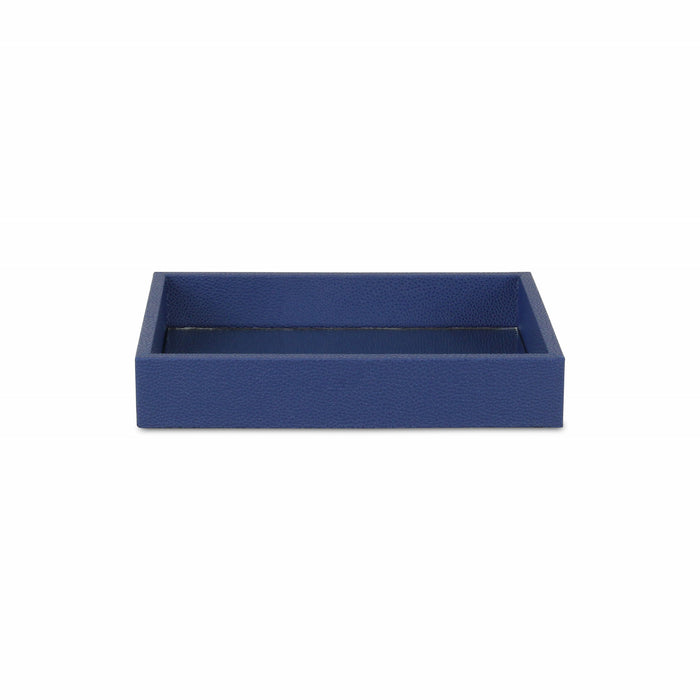 10" Navy Blue Mirrored Glass And Wood Faux Shagreen Vanity Tray