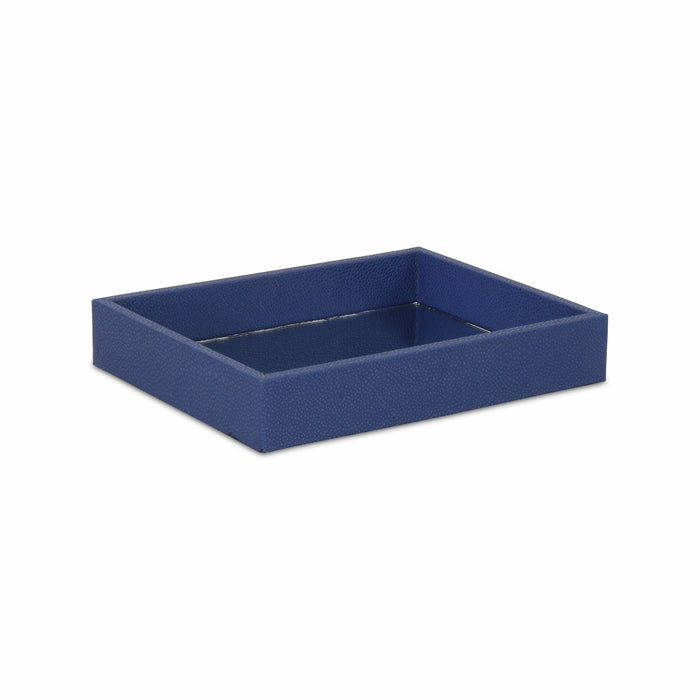 10" Navy Blue Mirrored Glass And Wood Faux Shagreen Vanity Tray