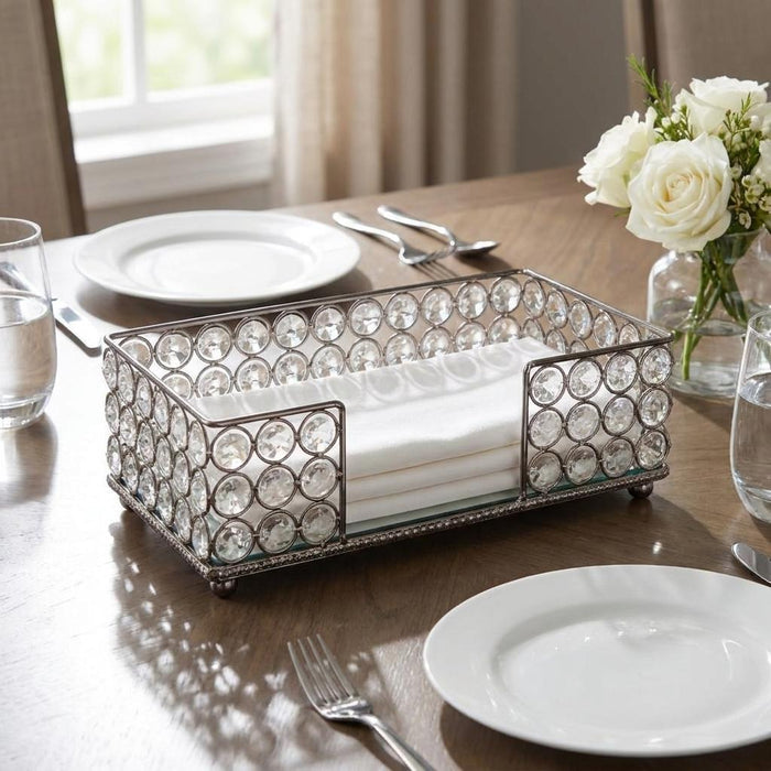 10" Silver Iron And Crystal Rectangular Napkin Holder