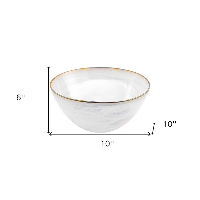 10" White and Gold Alabaster Glass Round Serving Bowl