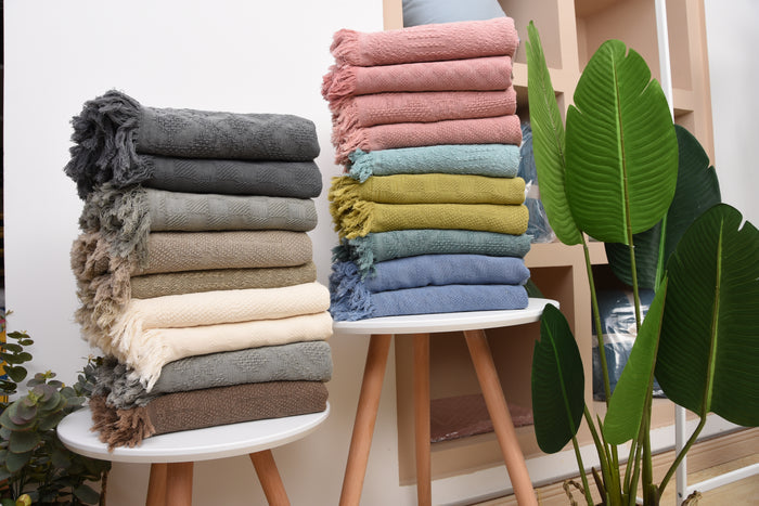 100% Cotton Embroidered Flowing Fringe Shawl Blanket
