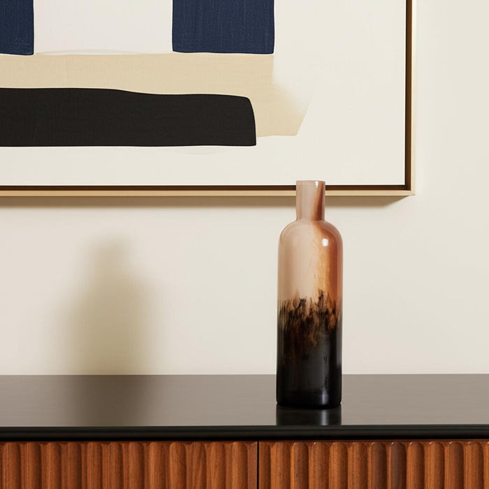 11" Amber Cream And Dark Brown Abstract Glass Table Vase