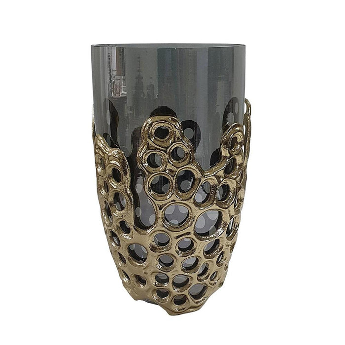 11" Black And Gold Glass And Aluminum Geo Circles Table Vase