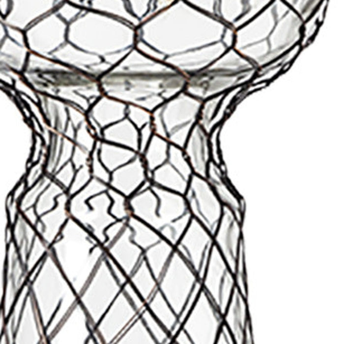 11" Black Distressed Lattice Metal And Glass Tabletop Pillar Candle Holder