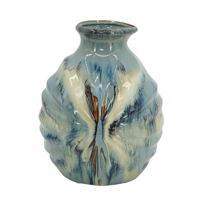 11" Blue Beige And Brown Abstract Round Ceramic Table Vase