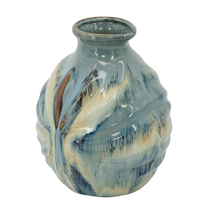 11" Blue Beige And Brown Abstract Round Ceramic Table Vase