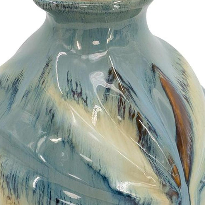 11" Blue Beige And Brown Abstract Round Ceramic Table Vase