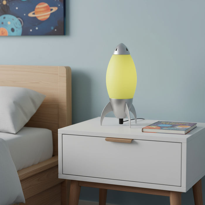 11" Yellow And Silver Acrylic And Metal Rocket Shaped Bedside Lamp