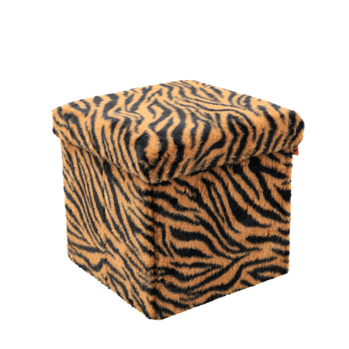 12" Black And Tan Faux Fur Tiger Ottoman