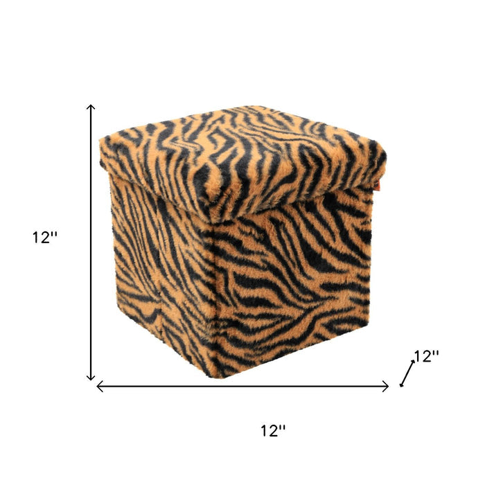 12" Black And Tan Faux Fur Tiger Ottoman