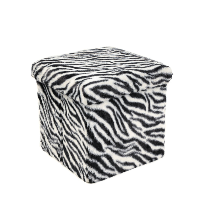 12" Black And White Faux Fur Zebra Ottoman