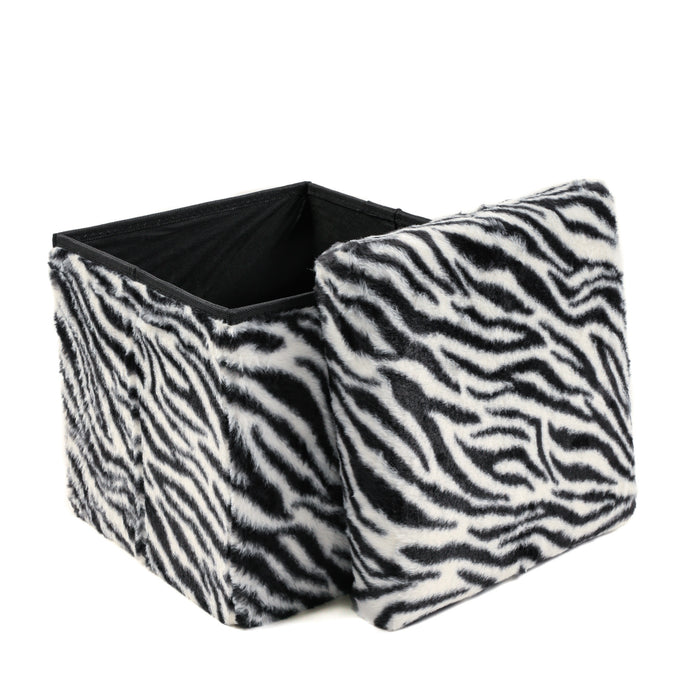 12" Black And White Faux Fur Zebra Ottoman