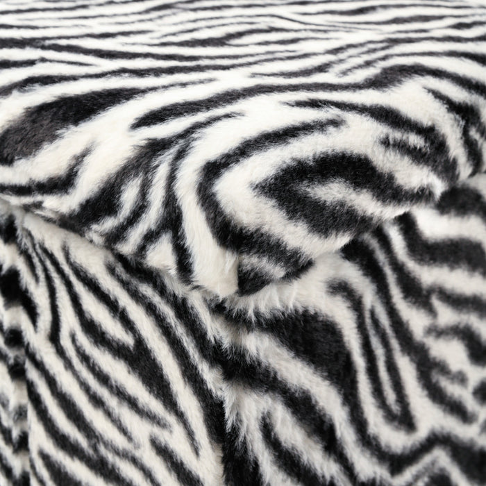 12" Black And White Faux Fur Zebra Ottoman
