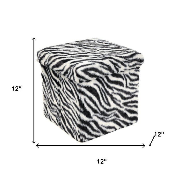 12" Black And White Faux Fur Zebra Ottoman
