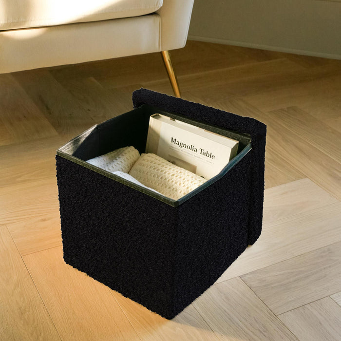12" Black Boucle Cube Ottoman With Storage