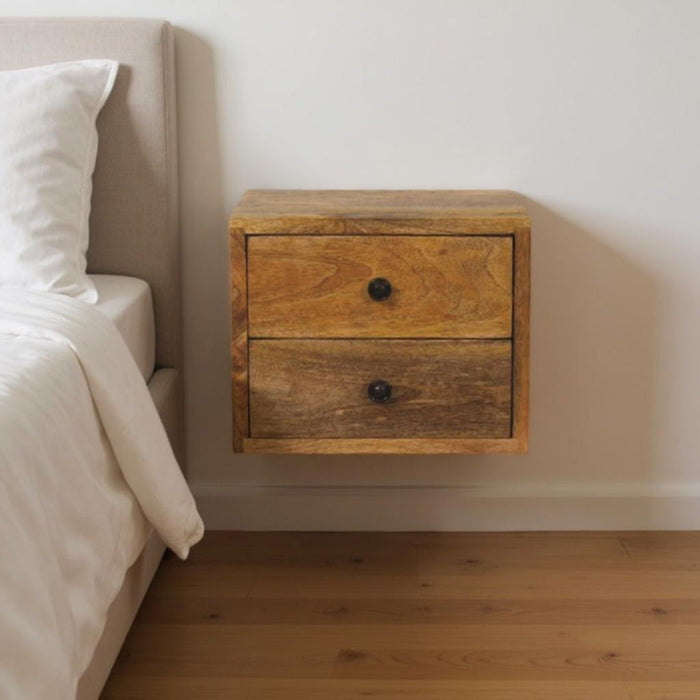 12" Brown Solid Wood Two Drawer Floating Nightstand