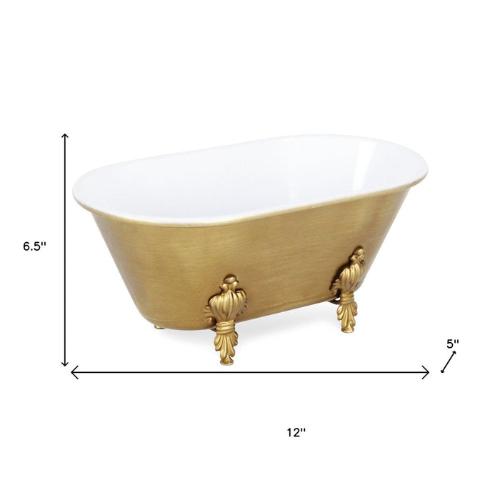 12" Gold And White Metal Hand Painted Decorative Tub
