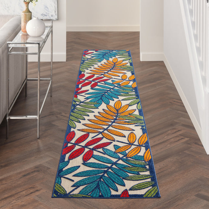 12' Ivory And Blue Floral Indoor Outdoor Runner Rug