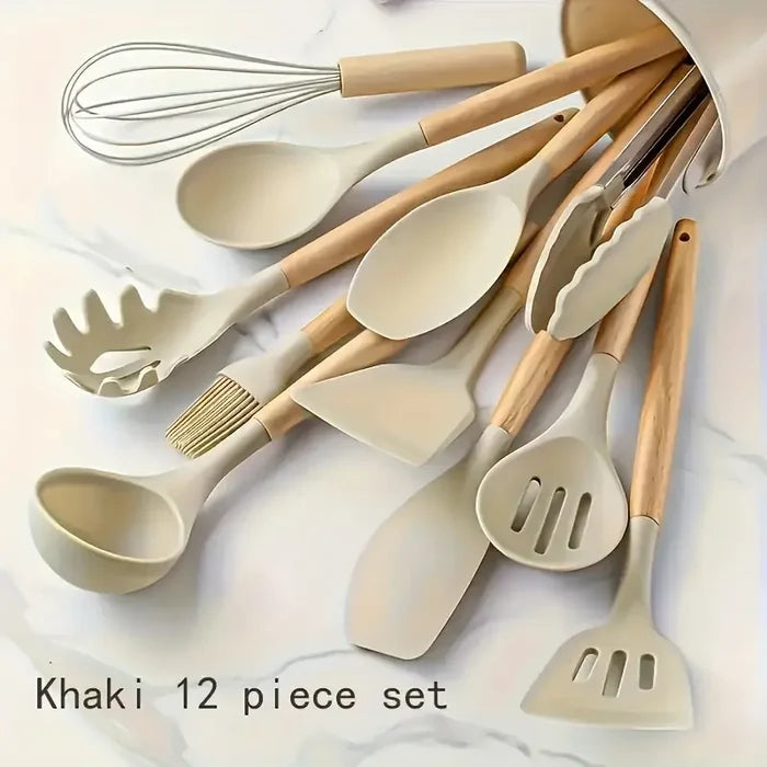 12 Pcs Silicone Cooking Utensil Set with Wooden Handles | Elvina Pakistan