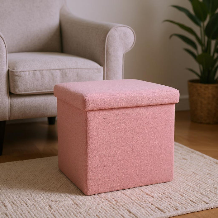 12" Pink Boucle Cube Ottoman With Storage