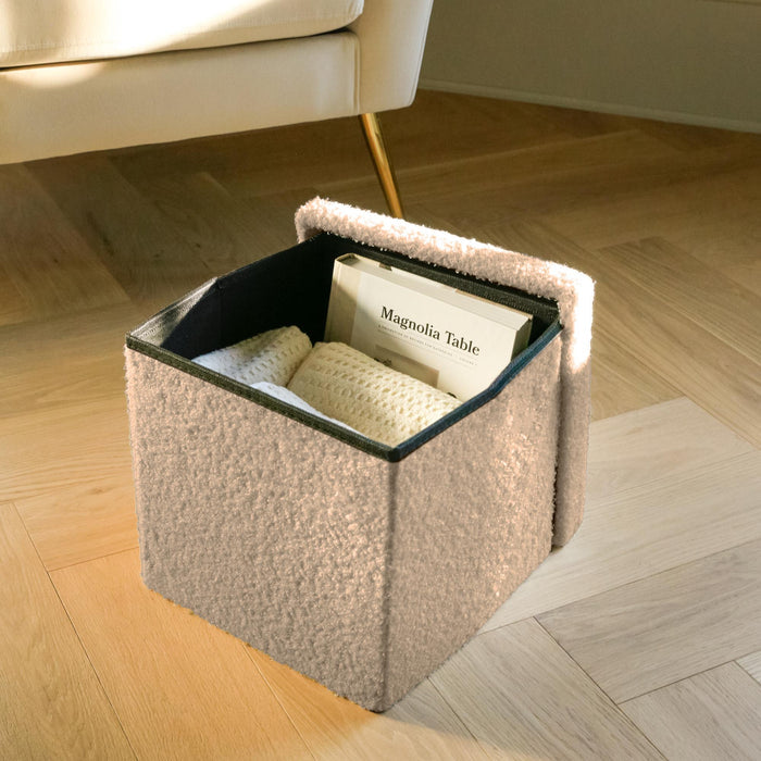 12" Taupe Boucle Cube Ottoman With Storage