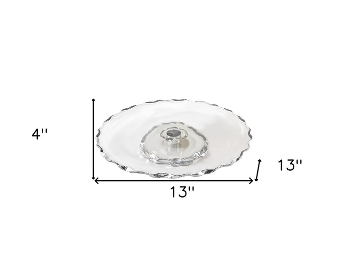 13" Clear And Silver Round Glass Hand Finished Lazy Susan
