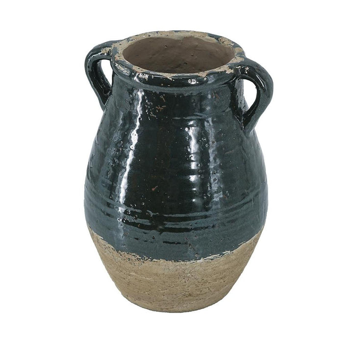 13" Forest Green And Sand Color Block Terracotta Round Jug Vase