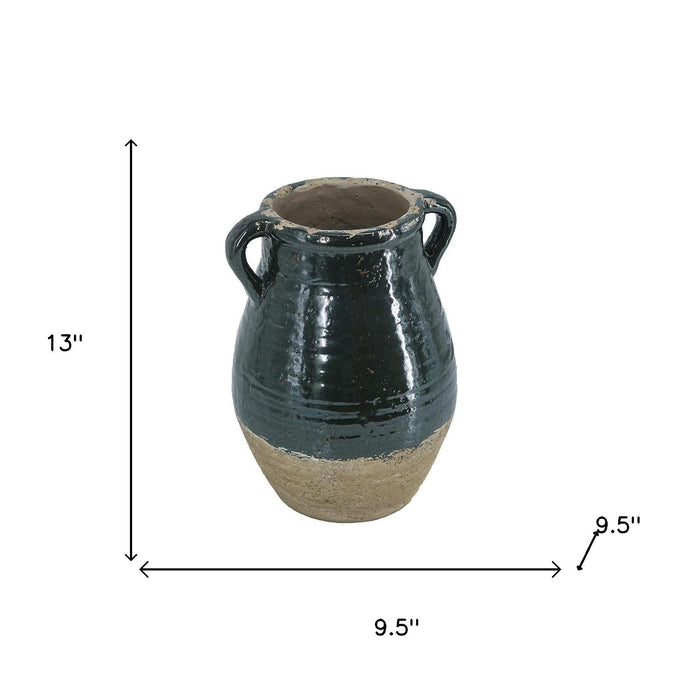 13" Forest Green And Sand Color Block Terracotta Round Jug Vase