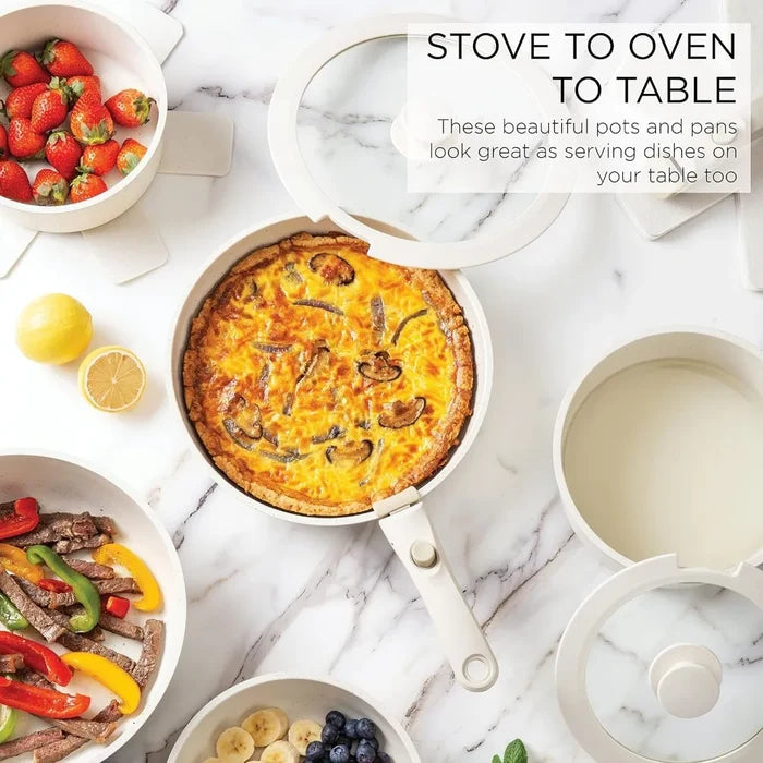 13 Piece Pots and Pans Set - Safe Nonstick Kitchen Cookware with Removable Handle, RV Cookware Set, Oven Safe (Cream)