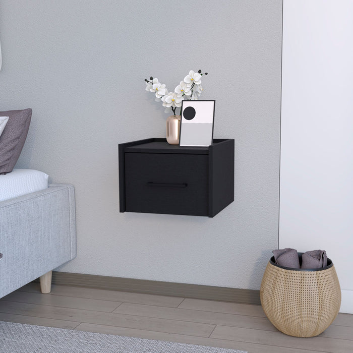 14" Black Wood One Drawer Floating Nightstand