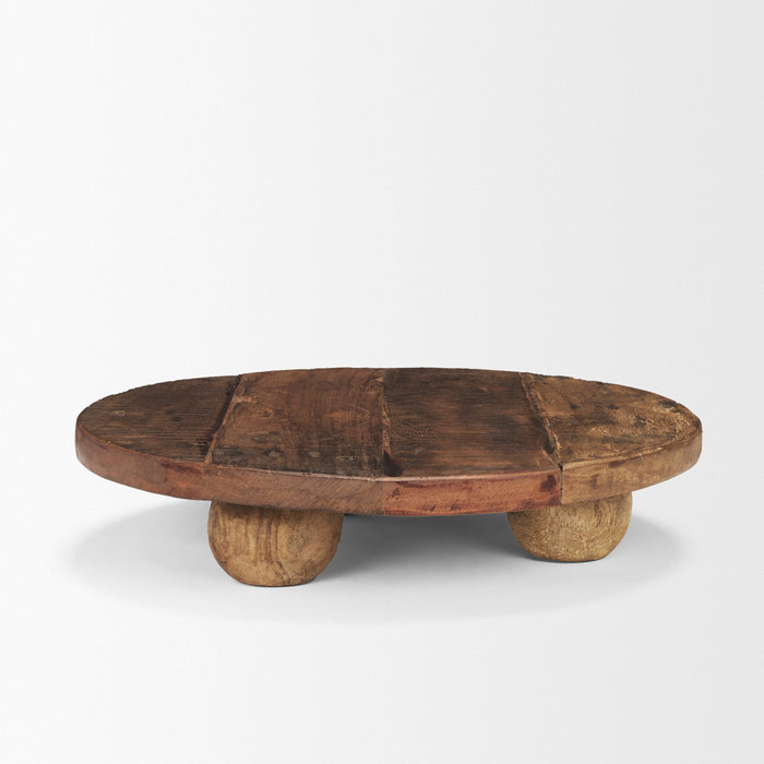 14" Brown Reclaimed Wood Hand Finished Round Riser Tray