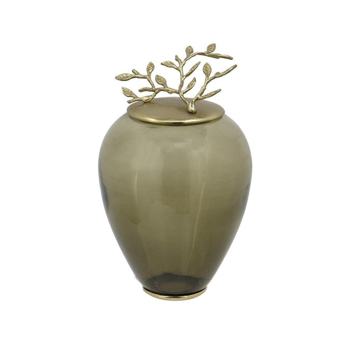 14" Dark Green And Gold Glass And Metal Round Ginger Jar