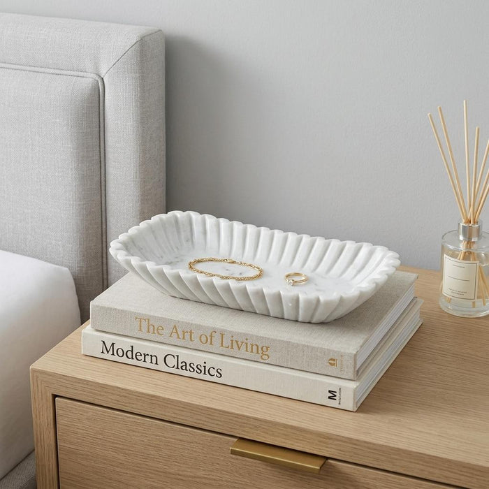 14" White Marble Fluted Oblong Tray