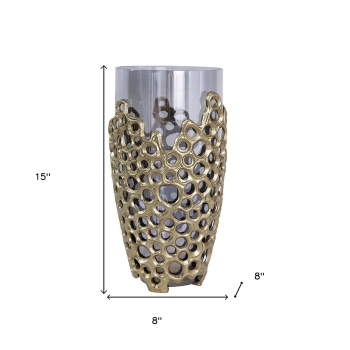 15" Black And Gold Aluminum And Glass Cylinder Table Vase