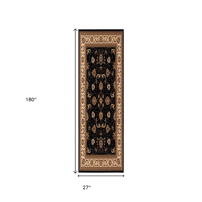 15' Black And Ivory Oriental Runner Rug