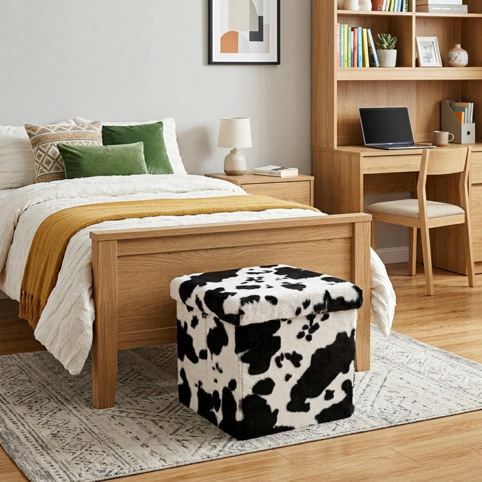15" Black And White Faux Fur Cow Print Ottoman