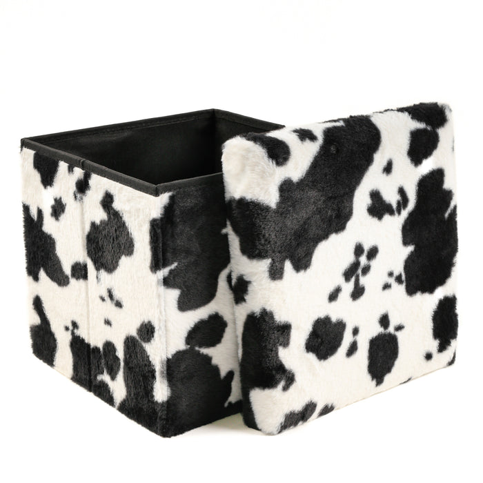 15" Black And White Faux Fur Cow Print Ottoman