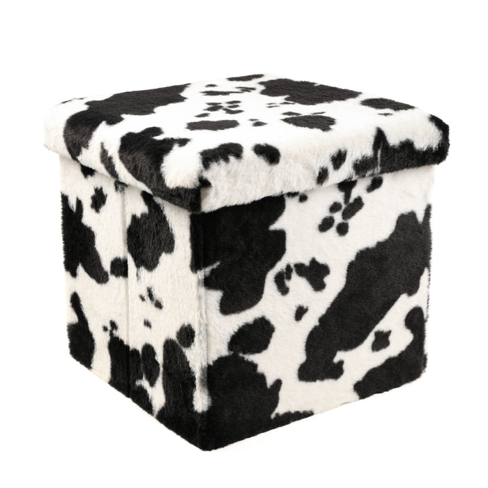 15" Black And White Faux Fur Cow Print Ottoman