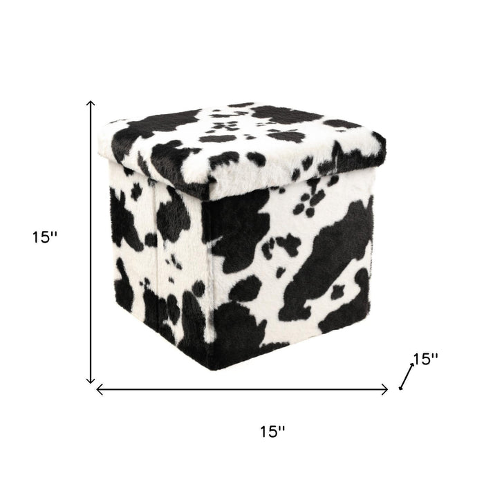 15" Black And White Faux Fur Cow Print Ottoman