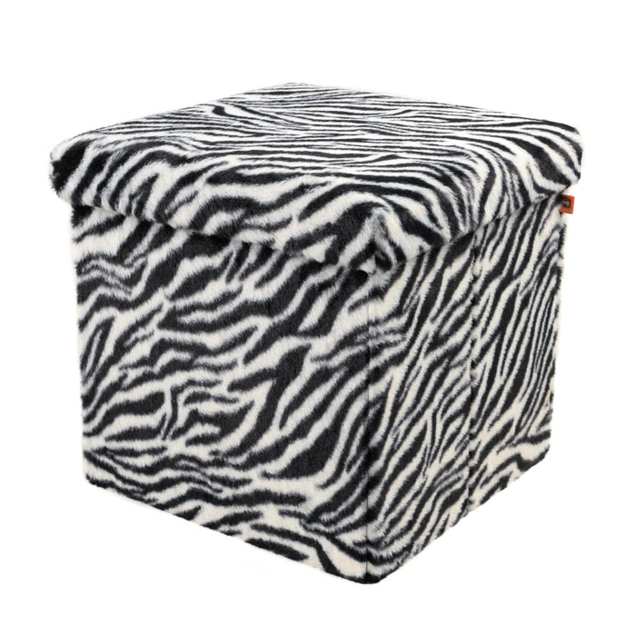 15" Black And White Faux Fur Zebra Ottoman